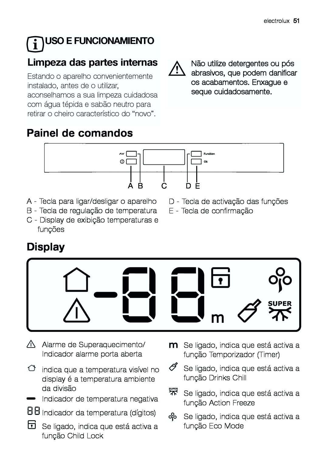 Electrolux EUF 27391 X manual Painel de comandos, Limpeza das partes internas, Uso E Funcionamiento, Display 