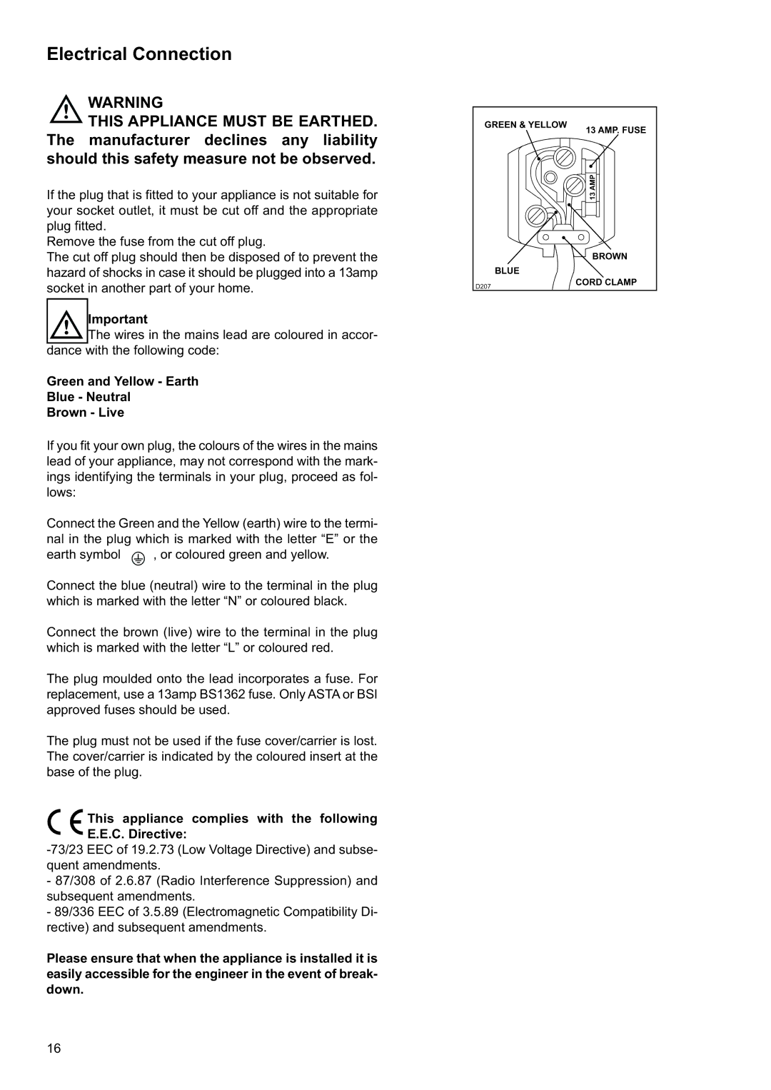 Electrolux EUF14800 manual Electrical Connection, Green and Yellow Earth Blue Neutral Brown Live 
