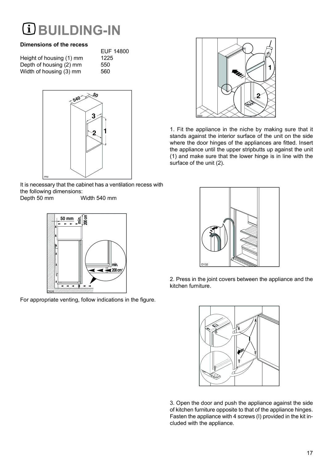 Electrolux EUF14800 manual Building-In, Dimensions of the recess 