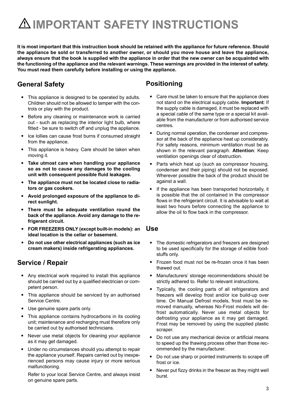 Electrolux EUF14800 manual Important Safety Instructions, General Safety, Service / Repair, Positioning, Use 