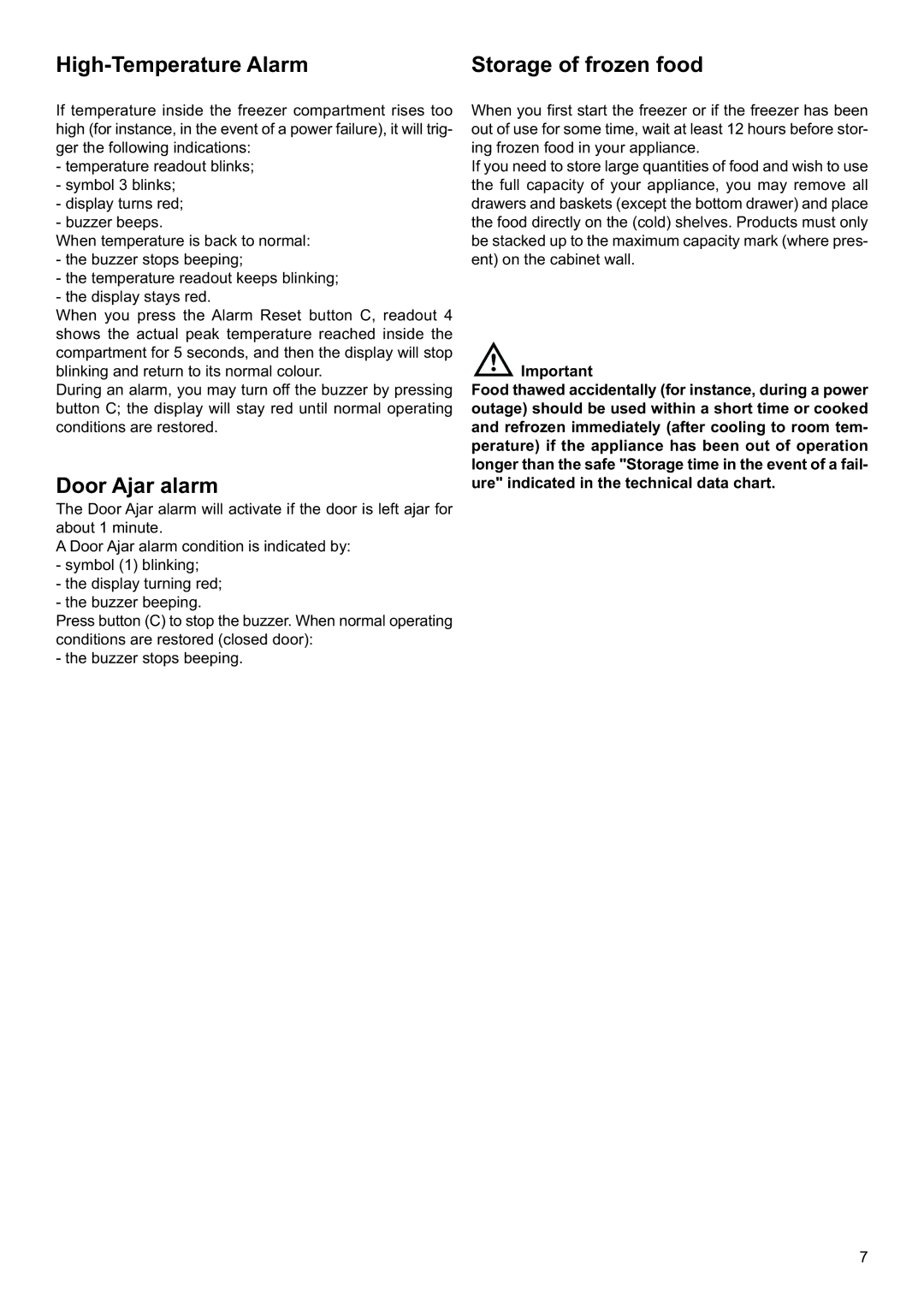 Electrolux EUF14800 manual High-Temperature Alarm, Door Ajar alarm, Storage of frozen food 