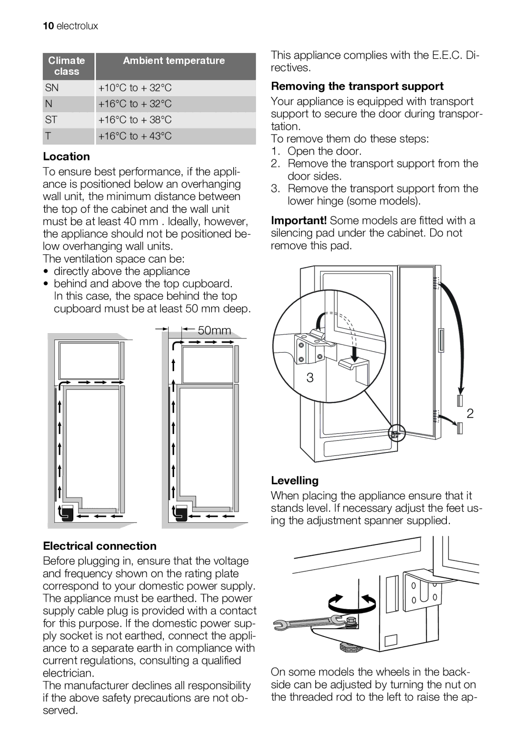 Electrolux EUF29260W user manual Location, Removing the transport support, Levelling, Electrical connection 