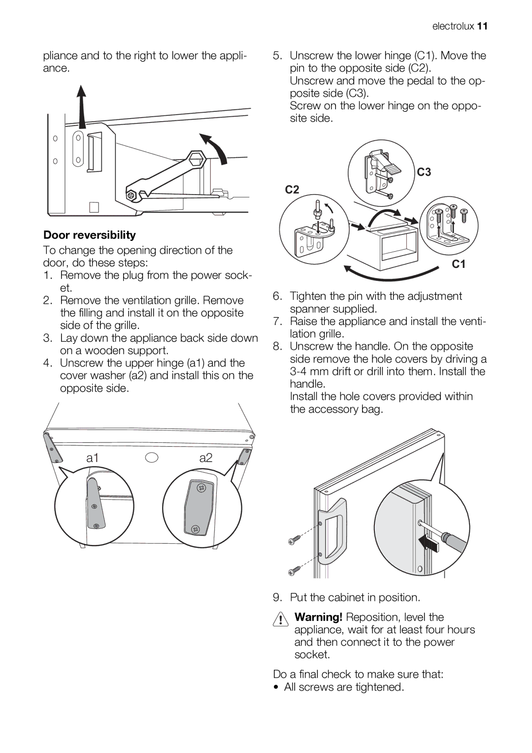 Electrolux EUF29260W user manual A1a2, Door reversibility 