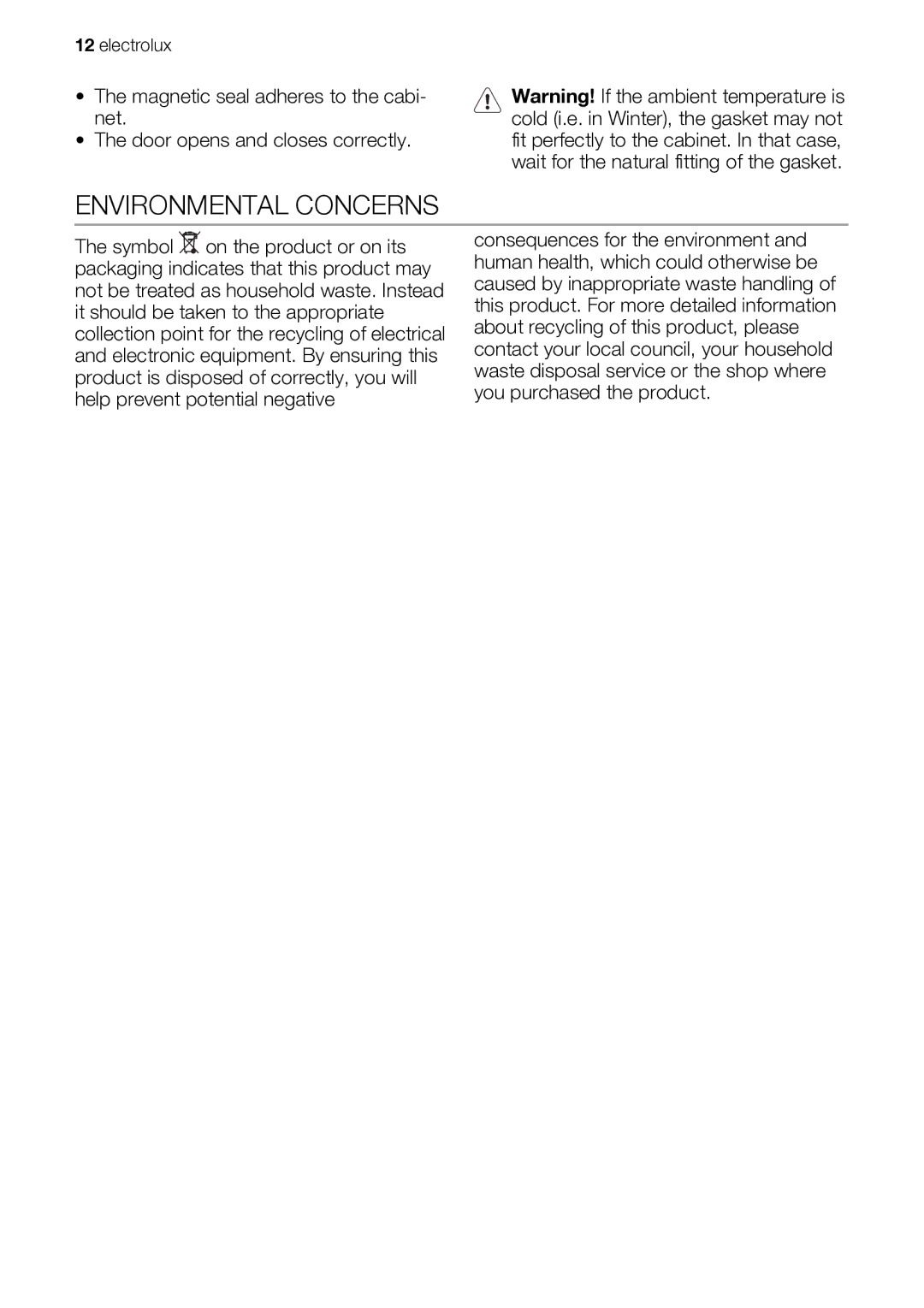 Electrolux EUF29260W user manual Environmental Concerns 