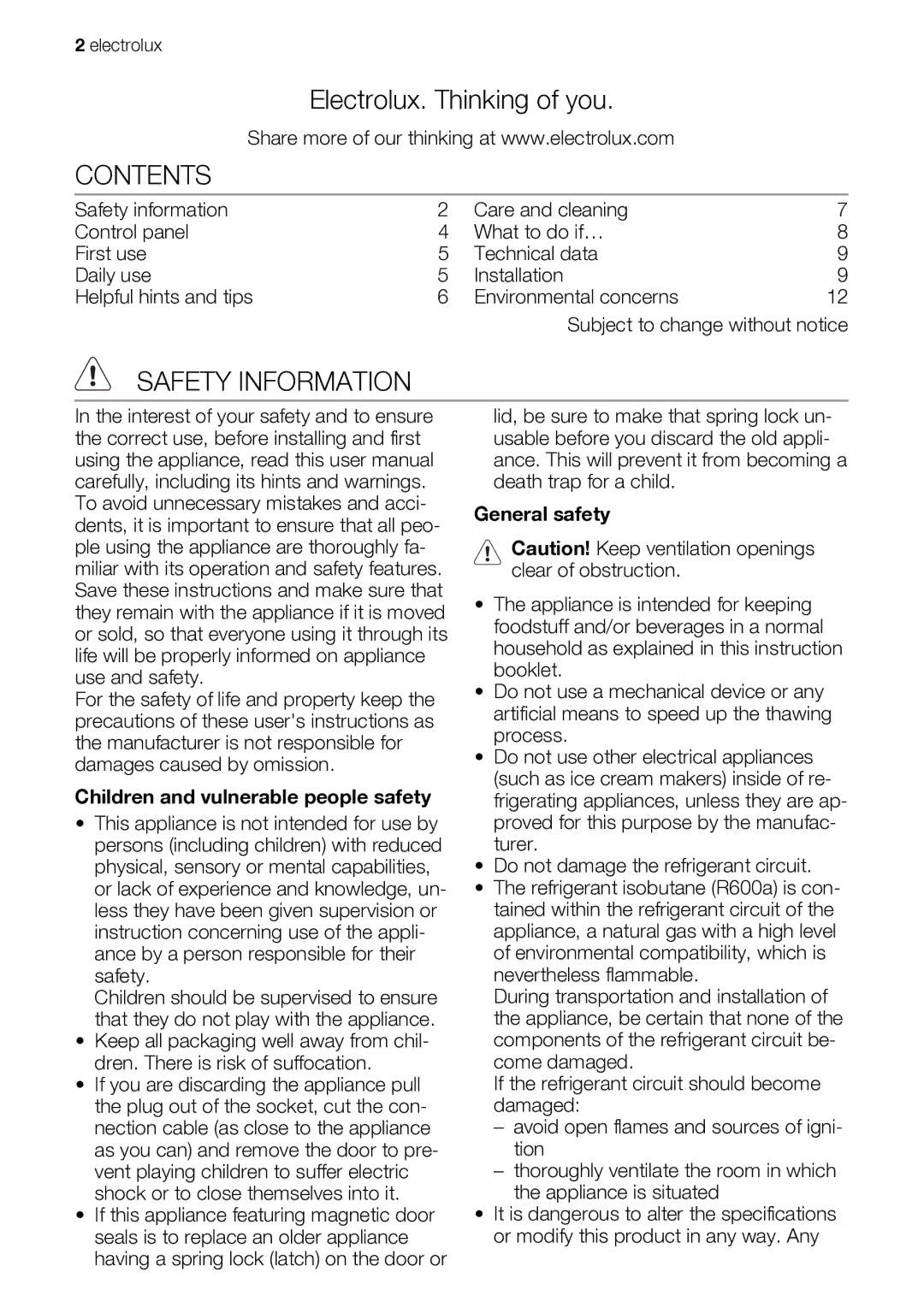 Electrolux EUF29260W user manual Contents, Safety Information 