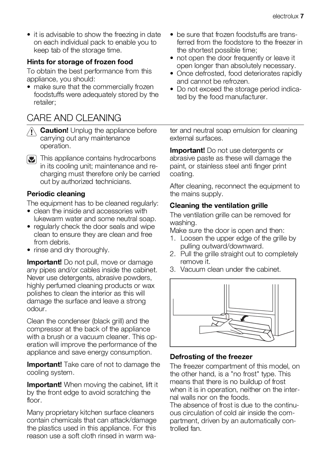 Electrolux EUF29260W Care and Cleaning, Hints for storage of frozen food, Periodic cleaning, Defrosting of the freezer 