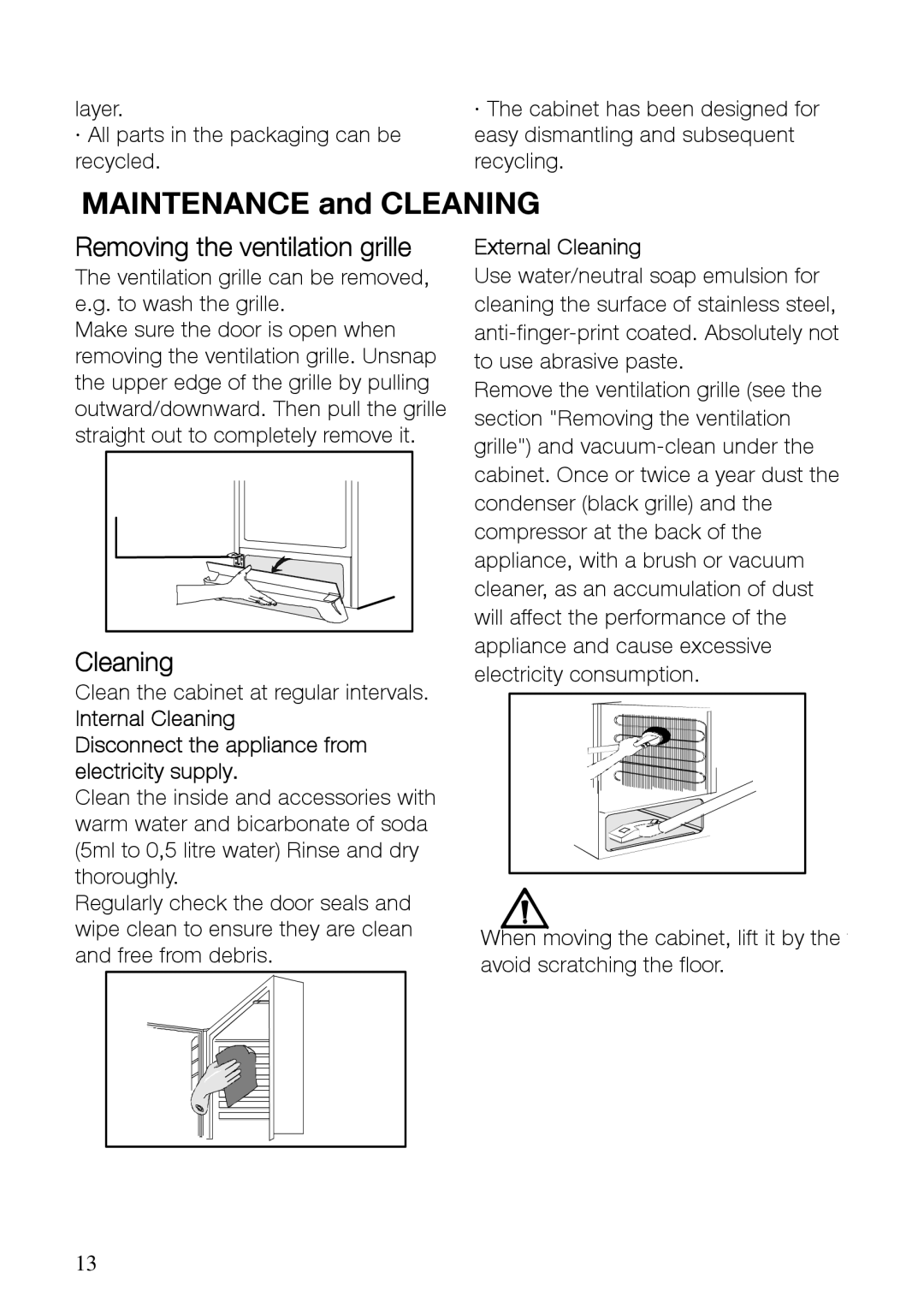 Electrolux EUF29400X, EUF29400W manual Removing the ventilation grille, External Cleaning 