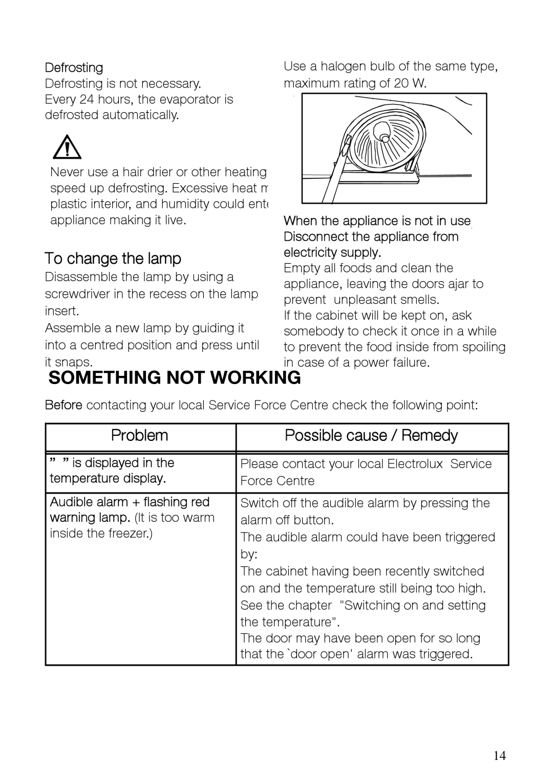 Electrolux EUF29400W, EUF29400X manual To change the lamp, Problem Possible cause / Remedy 