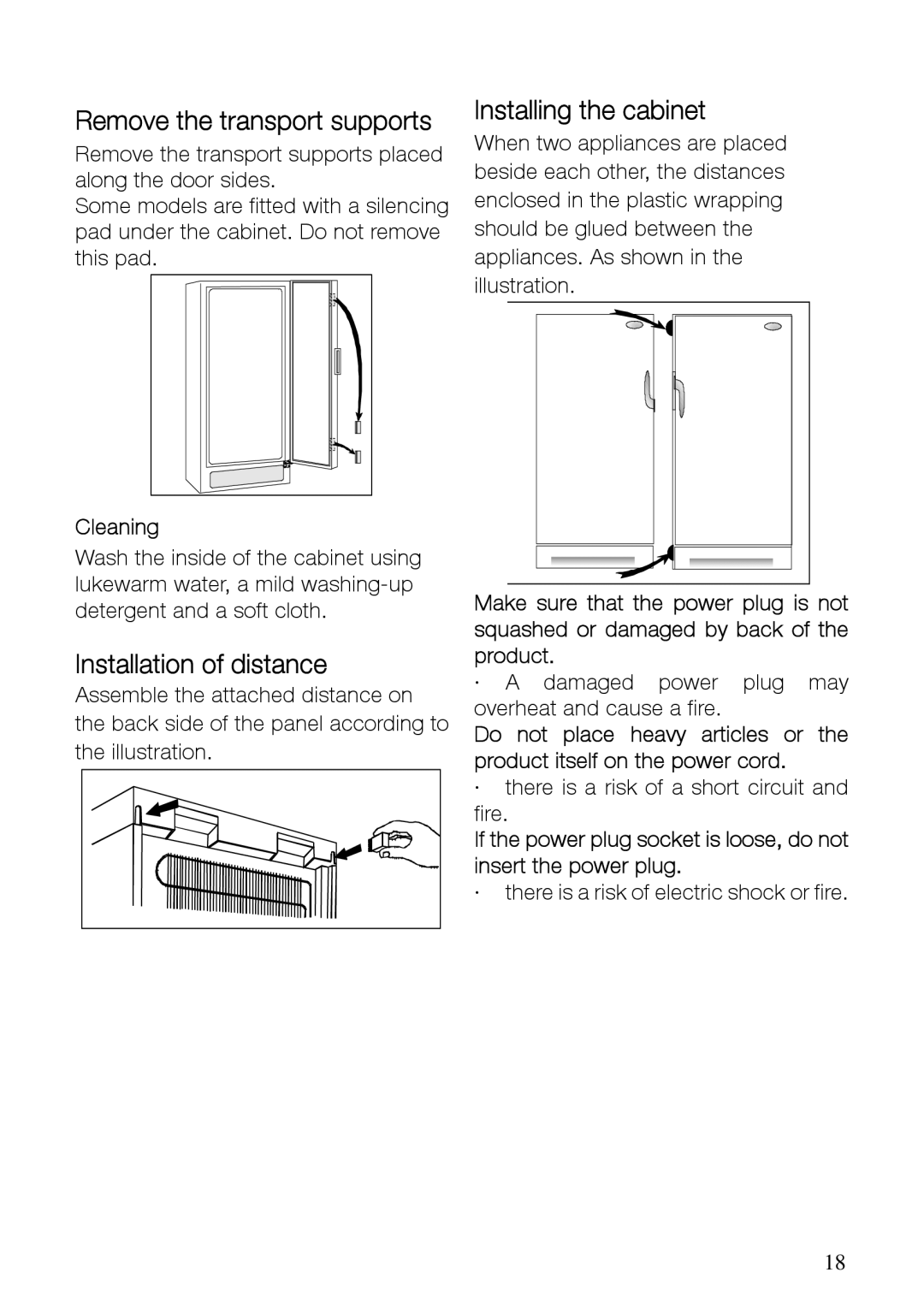 Electrolux EUF29400W, EUF29400X manual Remove the transport supports, Installation of distance, Installing the cabinet 