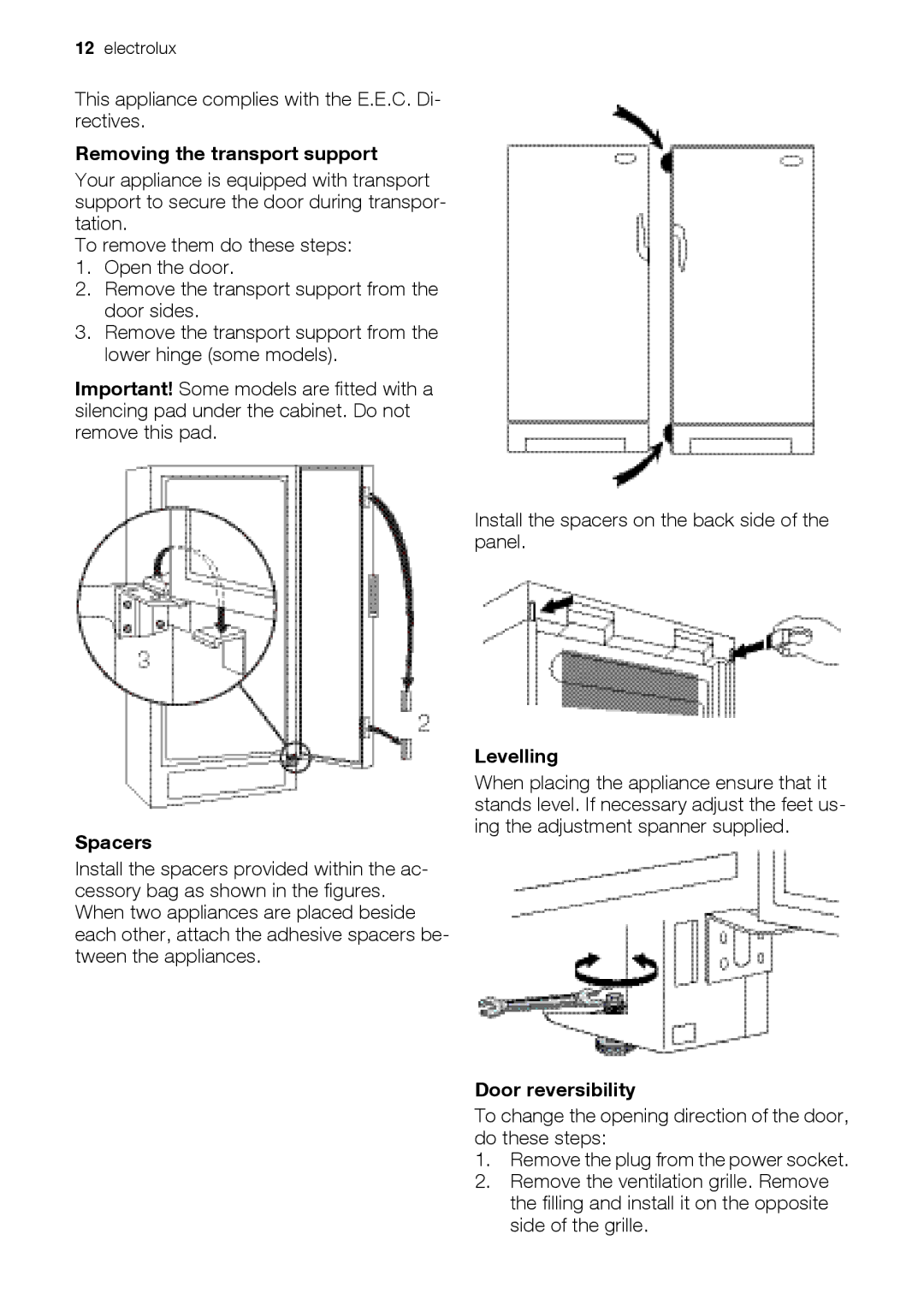 Electrolux EUF29412W, EUF29405X, EUF29405W, EUF29412X Removing the transport support, Spacers, Levelling, Door reversibility 