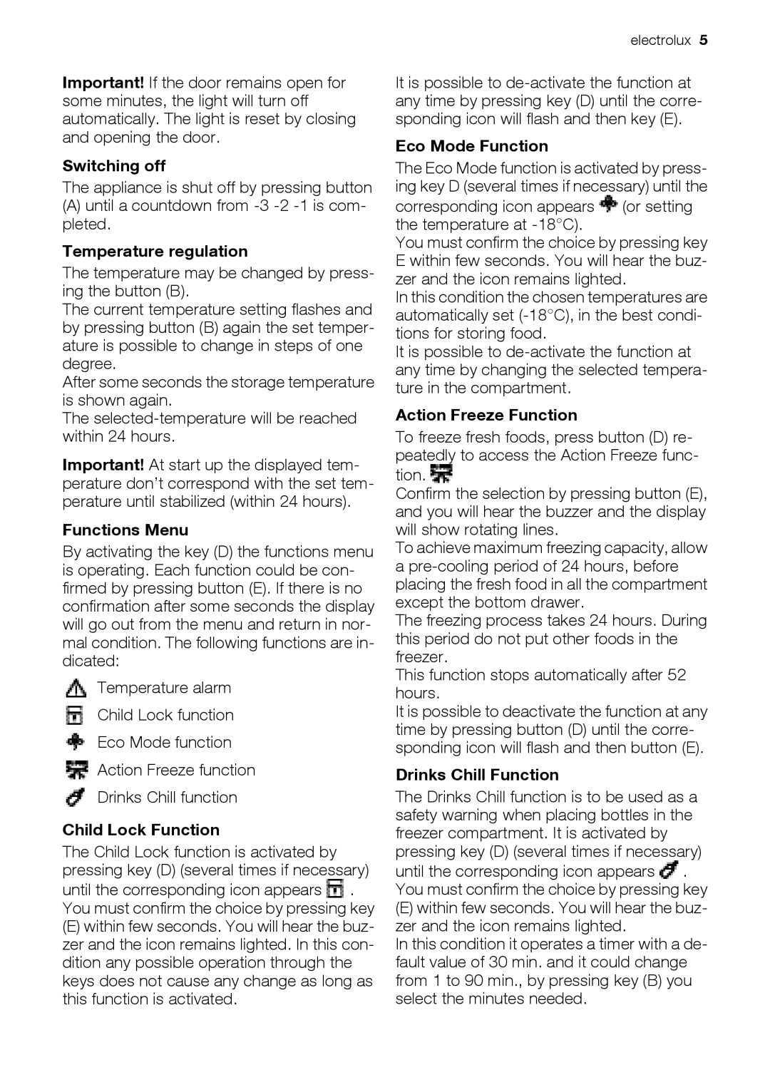 Electrolux EUF29406K Switching off, Temperature regulation, Functions Menu, Child Lock Function, Eco Mode Function 