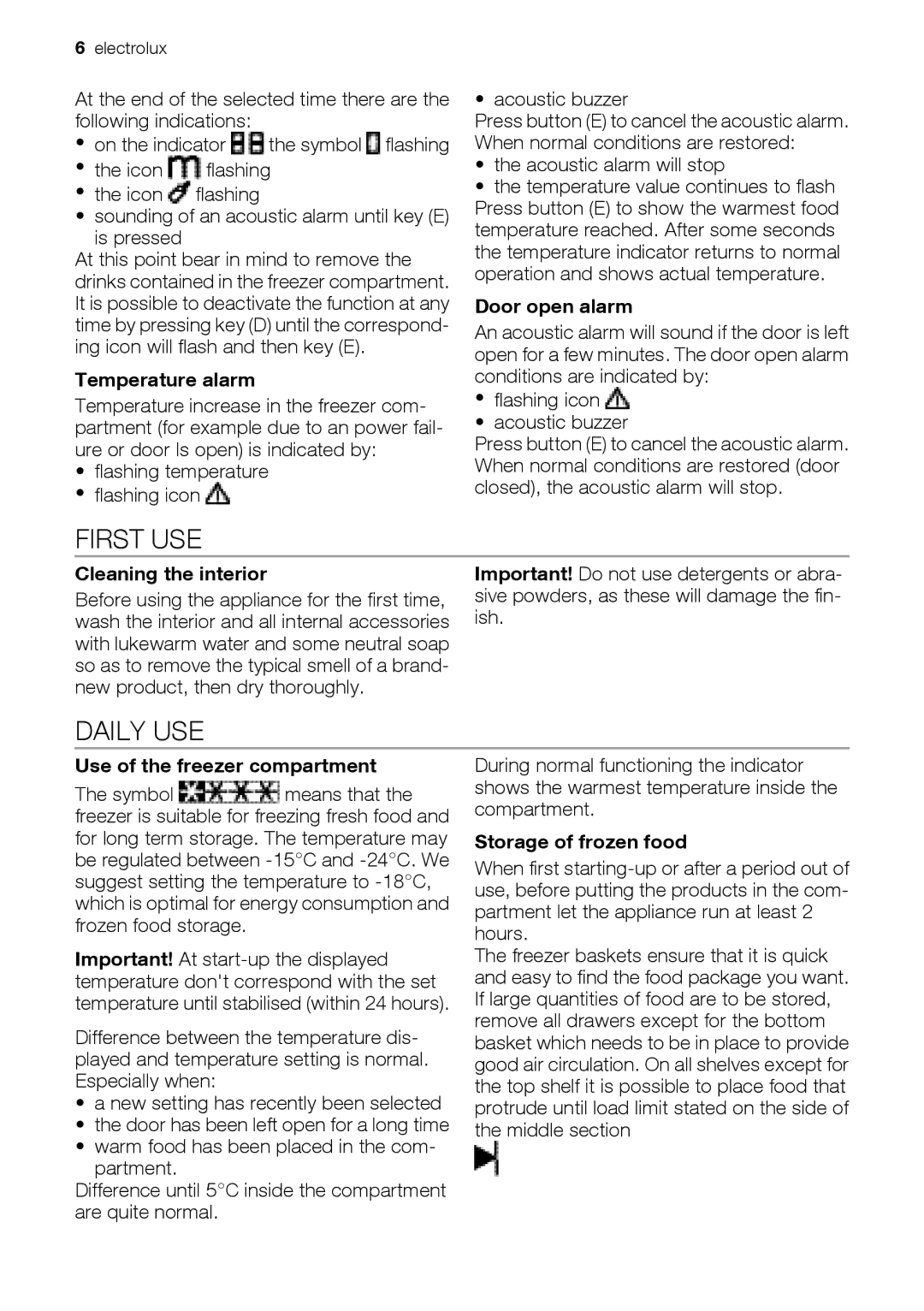 Electrolux EUF29406W, EUF29405X, EUF29405W, EUF29412X, EUF29405K, EUF29412W, EUF29406K, EUF29406X user manual First USE, Daily USE 