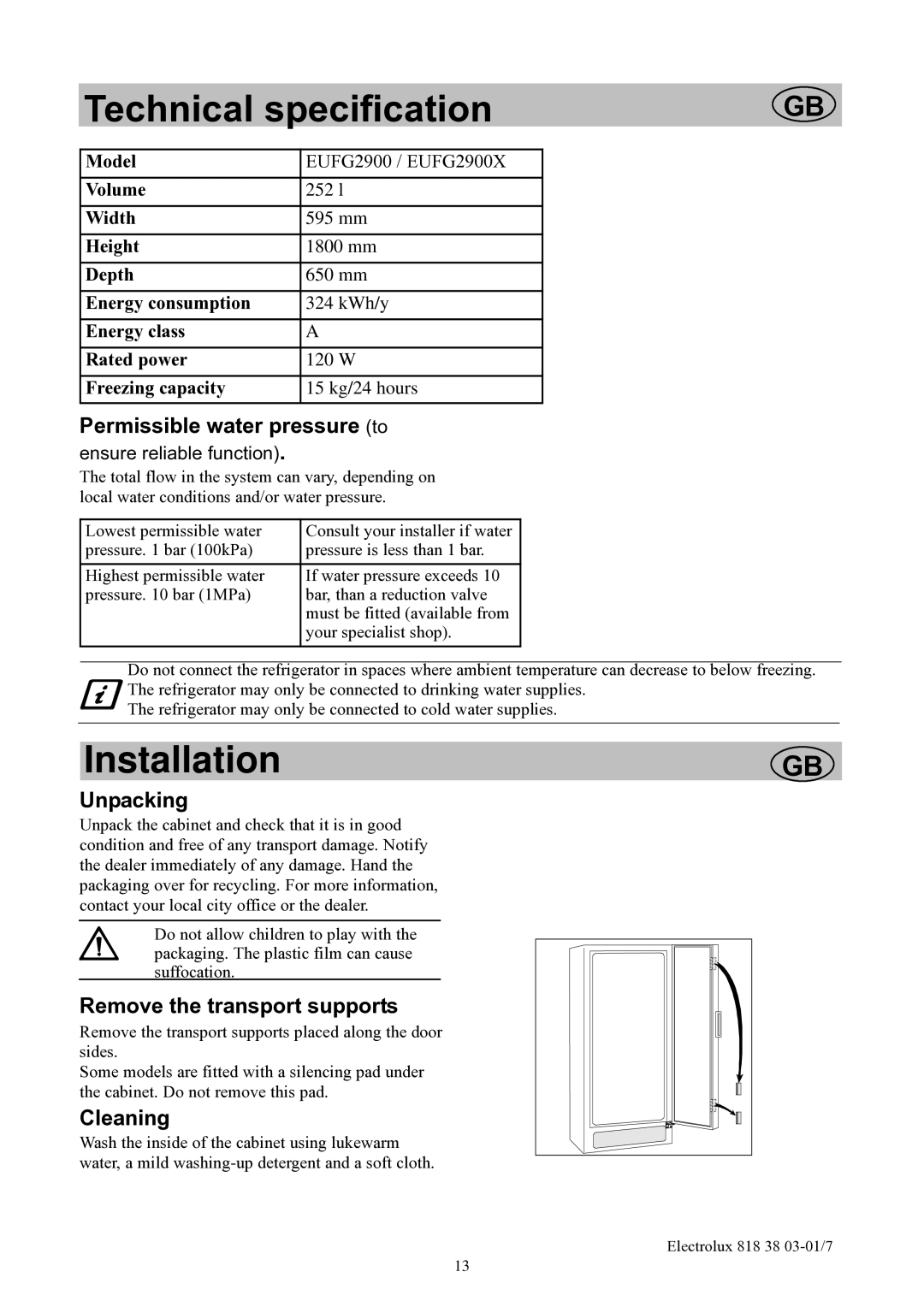 Electrolux EUFG2900X manual Installation, Unpacking, Remove the transport supports 