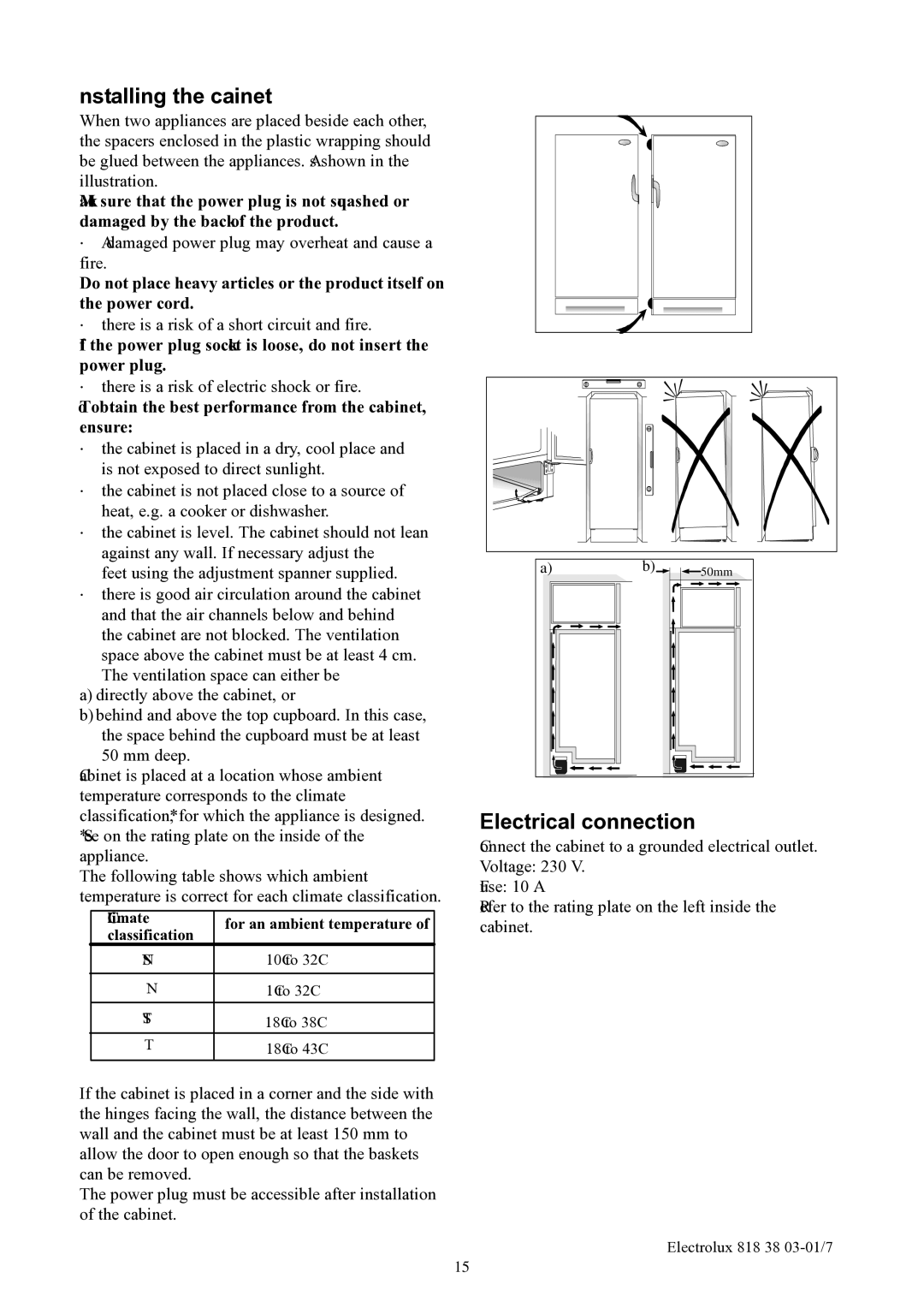 Electrolux EUFG2900X manual Installing the cabinet, Electrical connection 