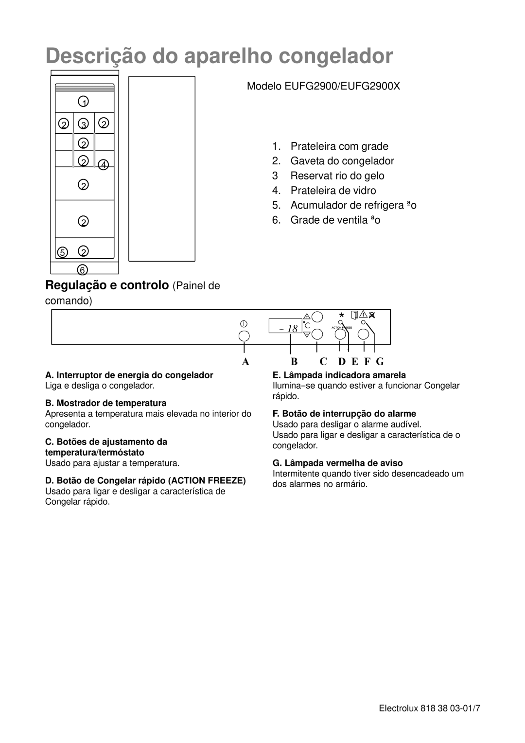 Electrolux EUFG2900X manual Descrição do aparelho congelador, Regulação e controlo Painel de, Comando 