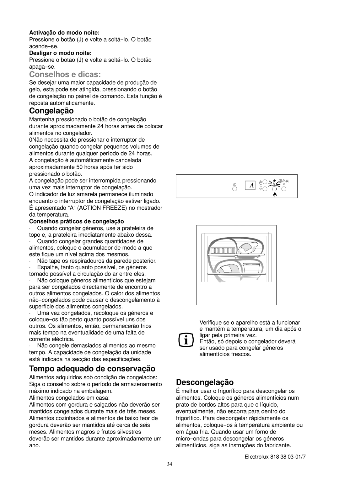 Electrolux EUFG2900X manual Congelação, Tempo adequado de conservação, Descongelação 