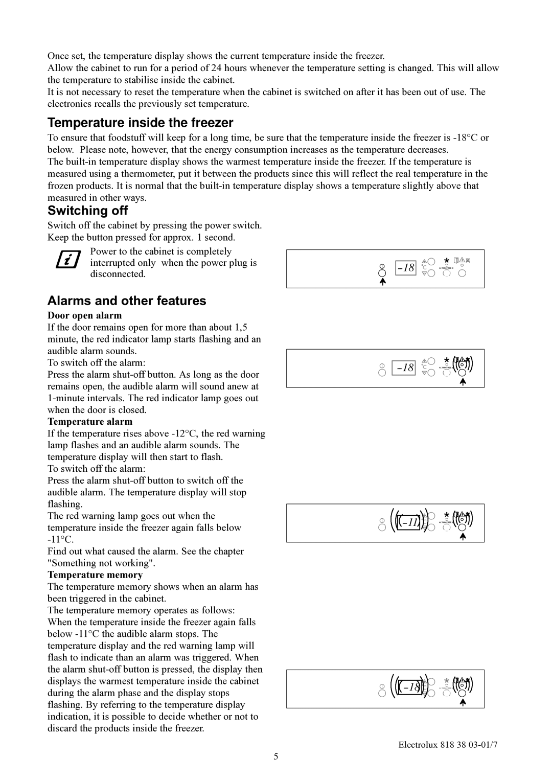 Electrolux EUFG2900X manual Temperature inside the freezer, Switching off, Alarms and other features 