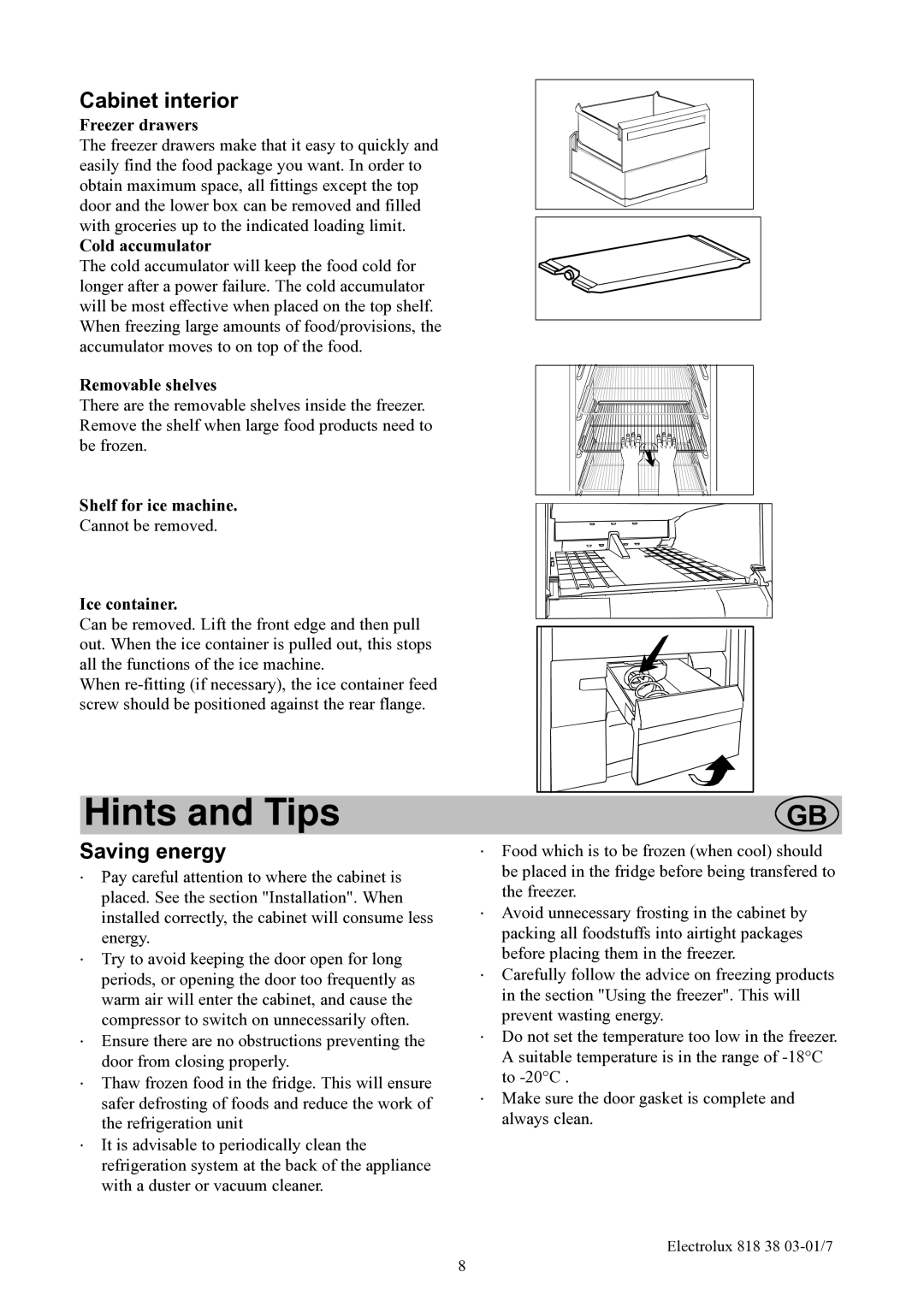 Electrolux EUFG2900X manual Hints and Tips, Cabinet interior, Saving energy 