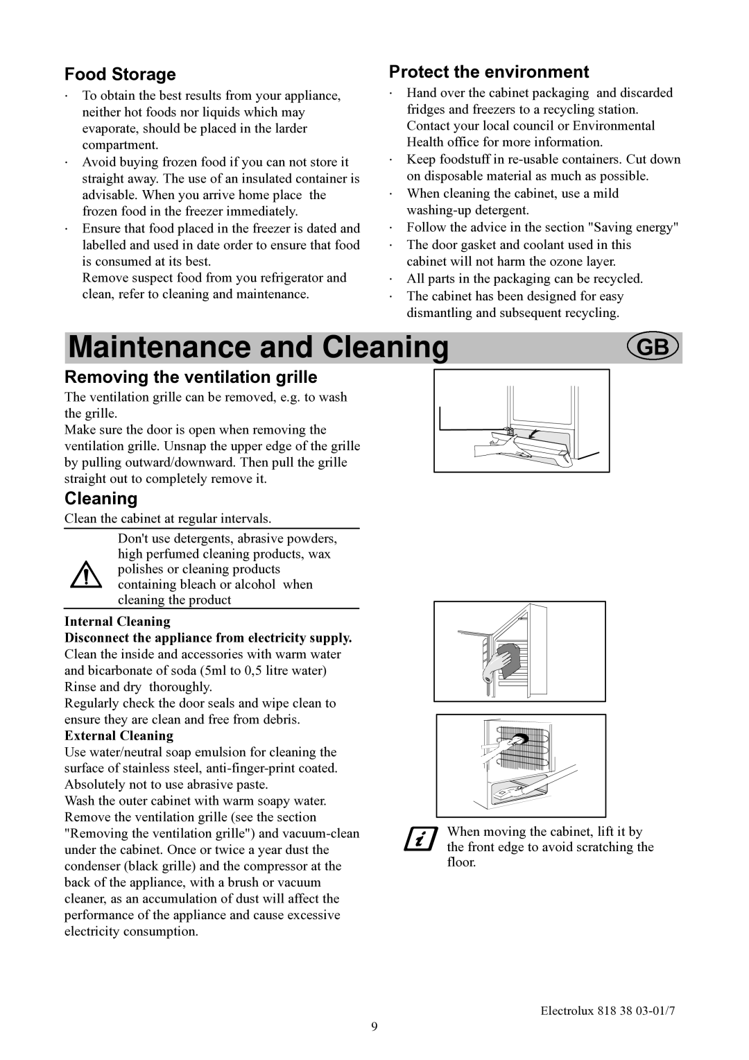 Electrolux EUFG2900X Maintenance and Cleaning, Food Storage, Protect the environment, Removing the ventilation grille 