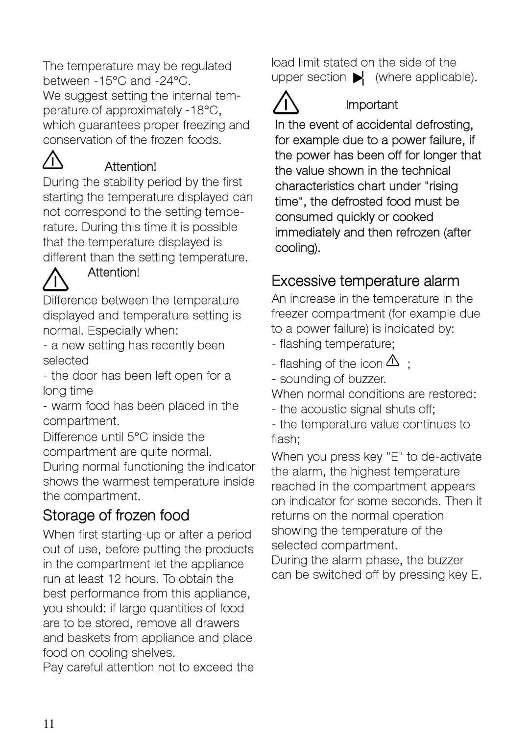 Electrolux EUFG29800 manual Excessive temperature alarm, Storage of frozen food 
