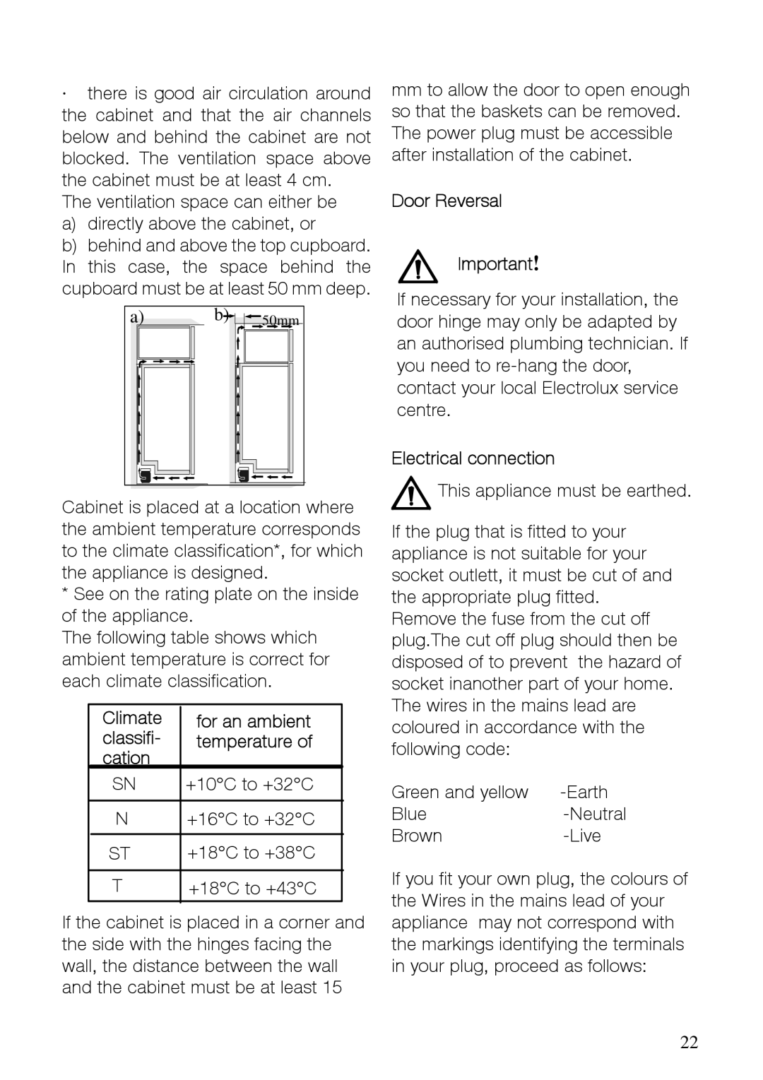 Electrolux EUFG29800 manual Climate, Classifi, Cation, Door Reversal, Electrical connection 