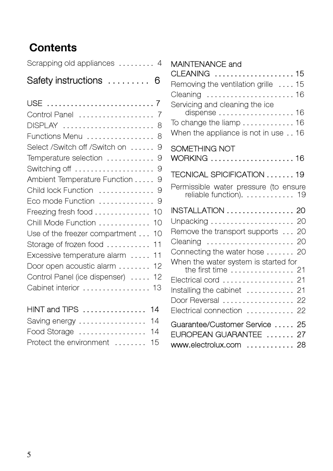 Electrolux EUFG29800 manual Contents 