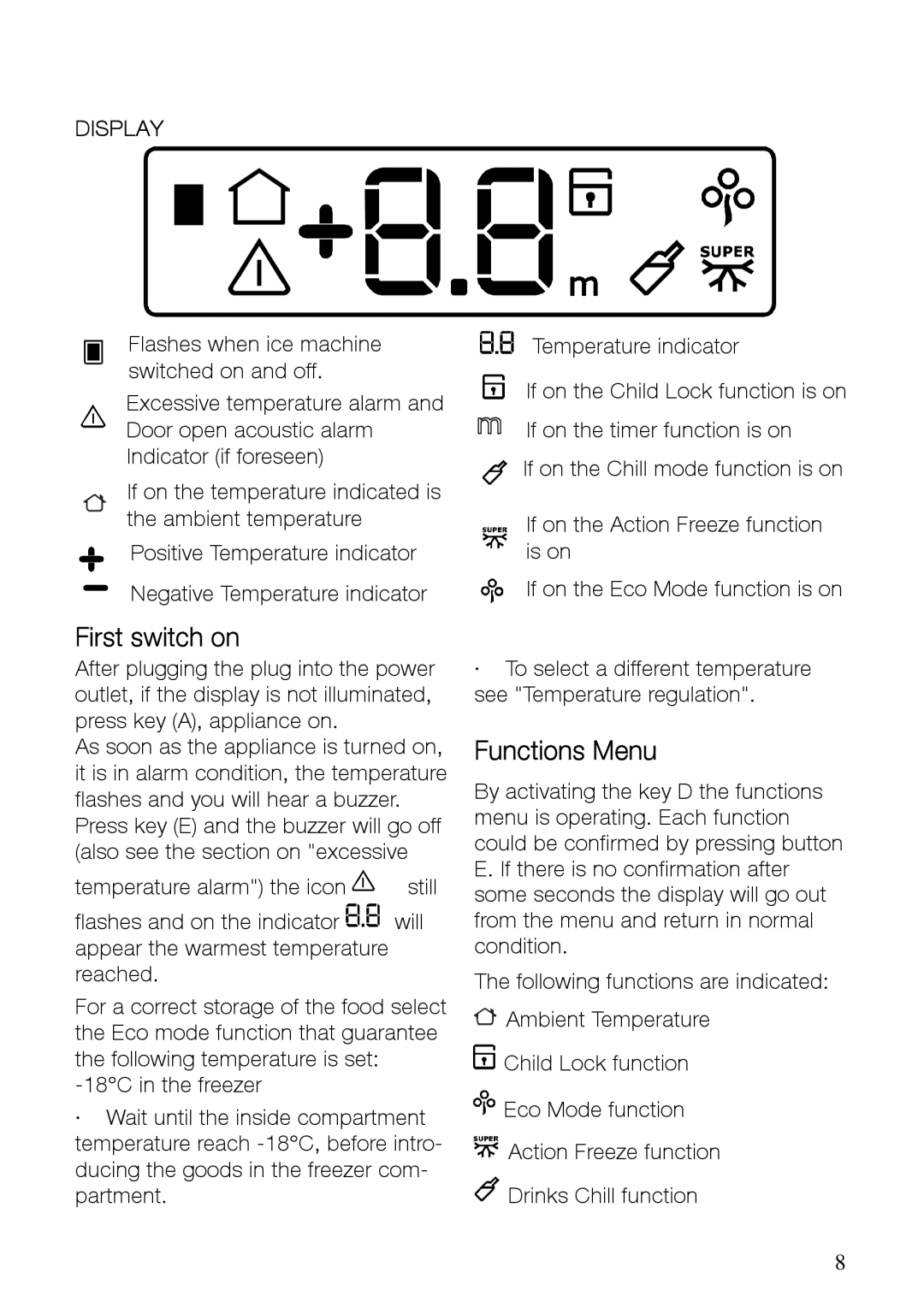 Electrolux EUFG29800 manual First switch on, Functions Menu 