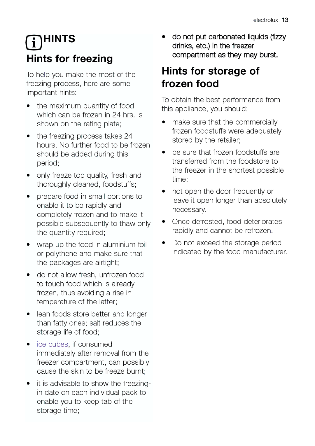 Electrolux EUG 23800 manual Hints for freezing, Hints for storage of frozen food 