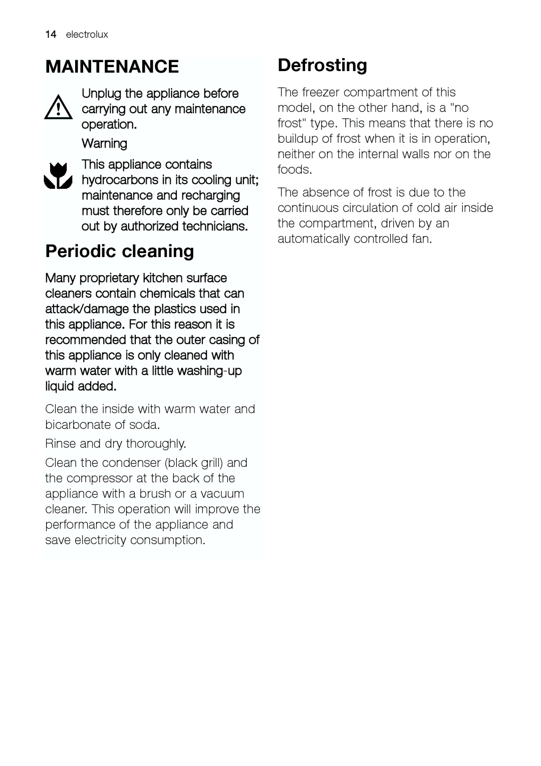 Electrolux EUG 23800 manual Maintenance, Periodic cleaning, Defrosting 