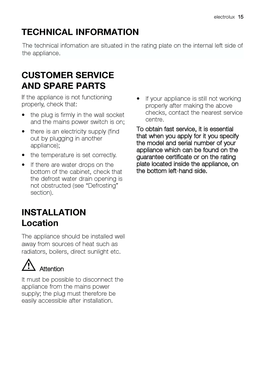 Electrolux EUG 23800 manual Technical Information, Installation, Location 