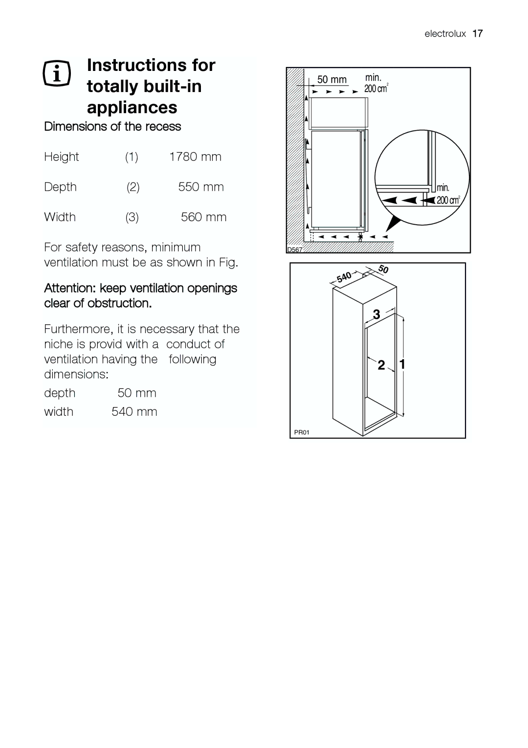 Electrolux EUG 23800 manual Instructions for totally built-in appliances, Dimensions of the recess 