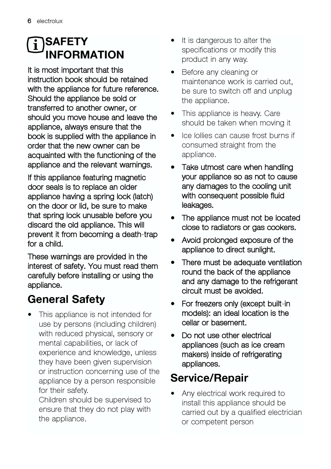 Electrolux EUG 23800 manual Safety Information, General Safety, Service/Repair 