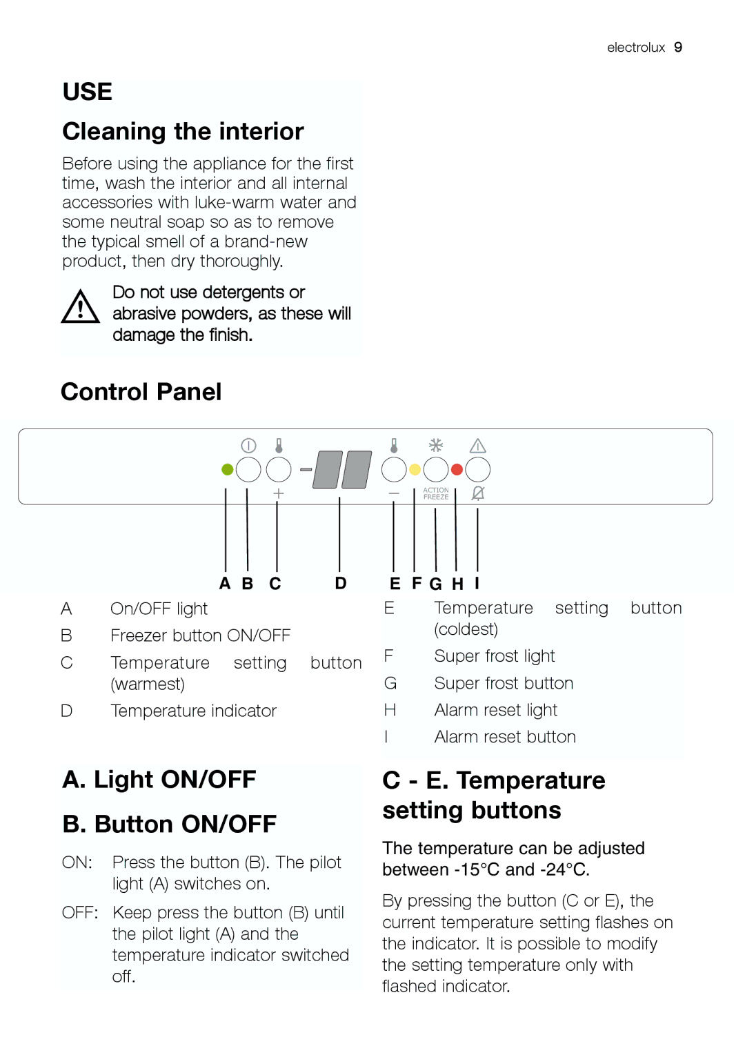 Electrolux EUG 23800 Use, Cleaning the interior, Control Panel, Light ON/OFF Button ON/OFF, Temperature setting buttons 