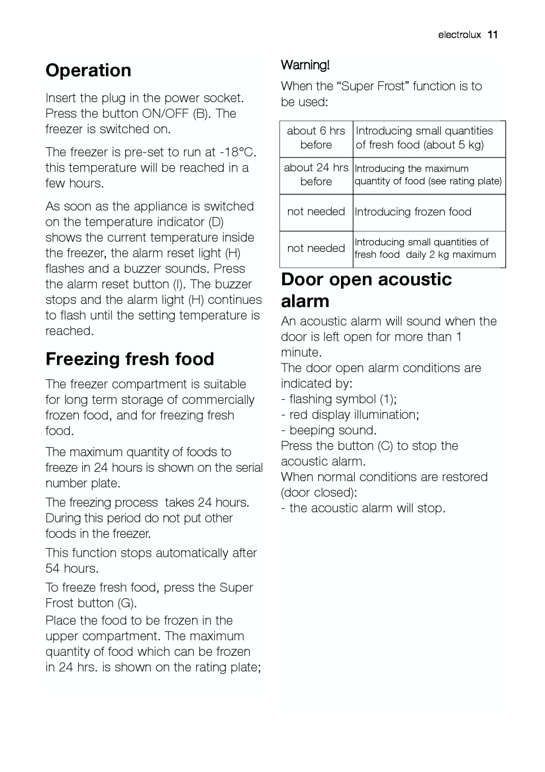 Electrolux EUG 23800 manual Operation, Freezing fresh food, Door open acoustic alarm 