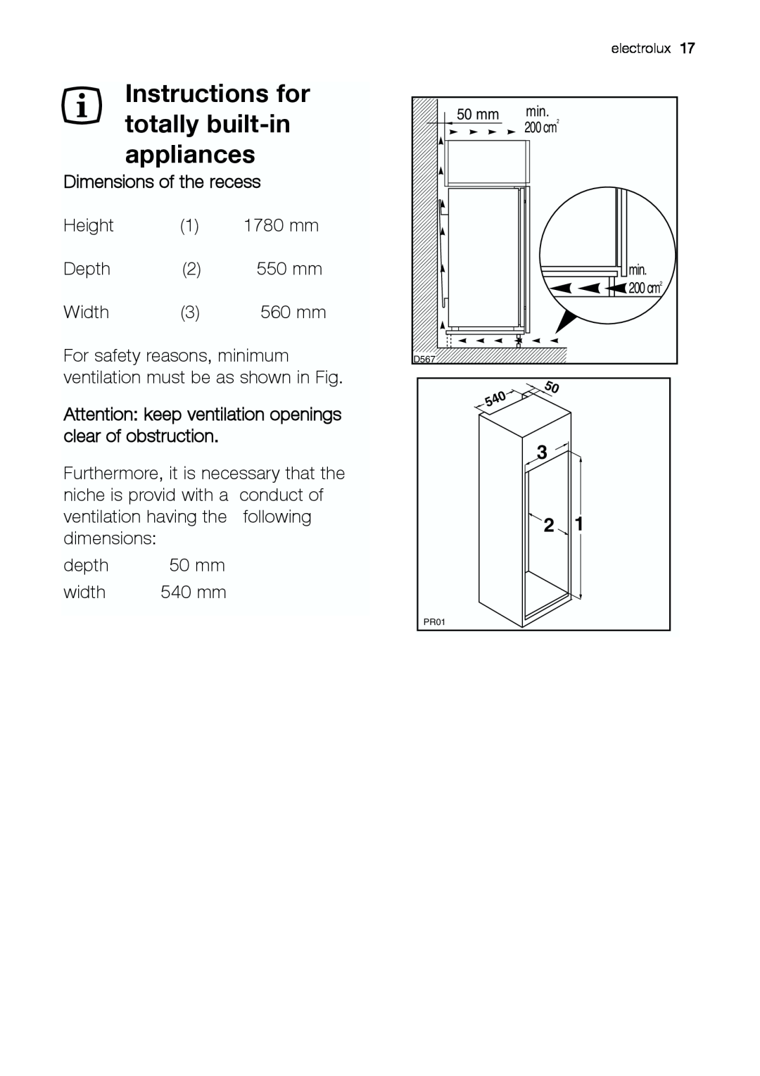 Electrolux EUG 23800 manual Instructions for totally built-in appliances, Dimensions of the recess 