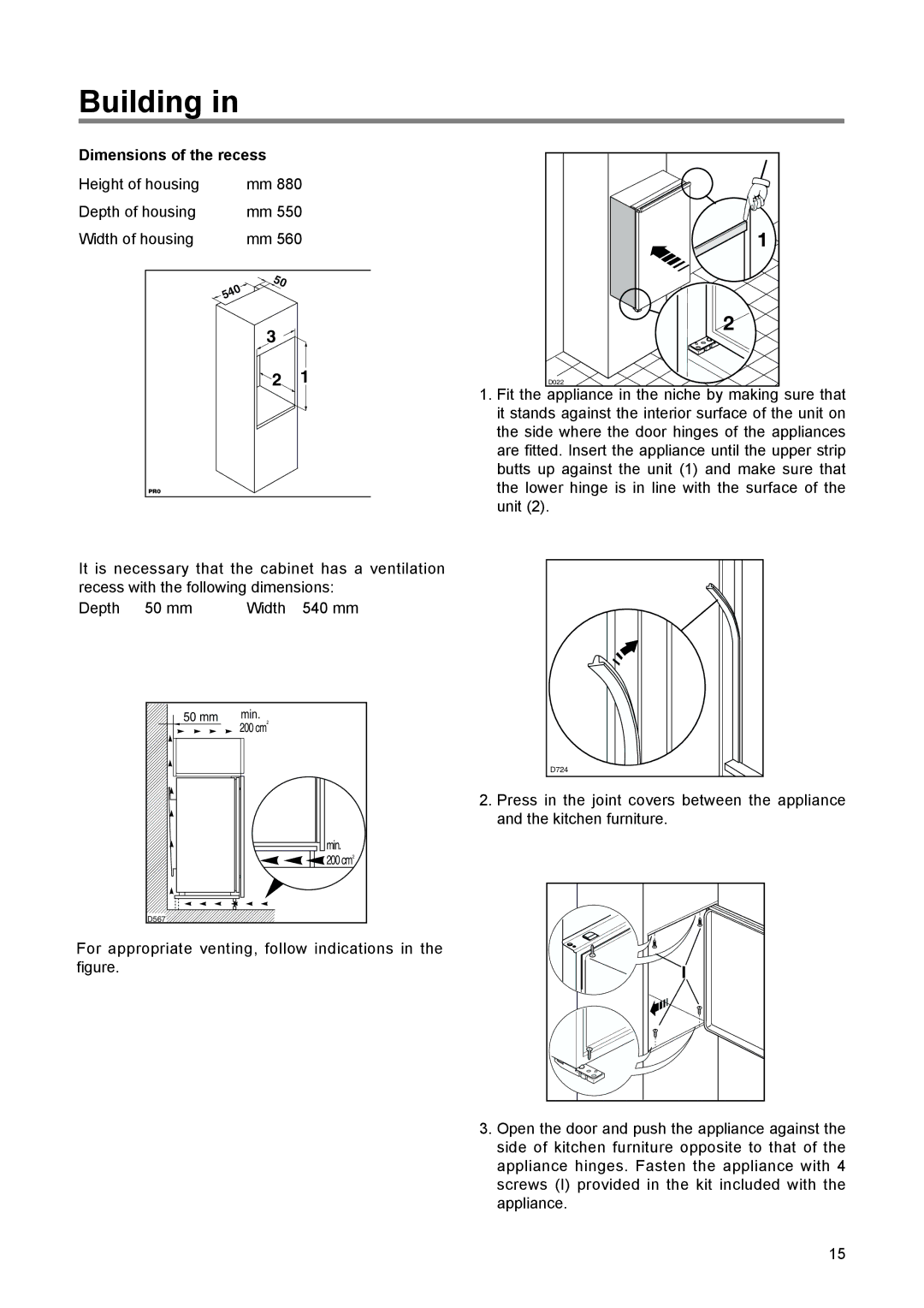 Electrolux EUN 12300 manual Building, Dimensions of the recess 