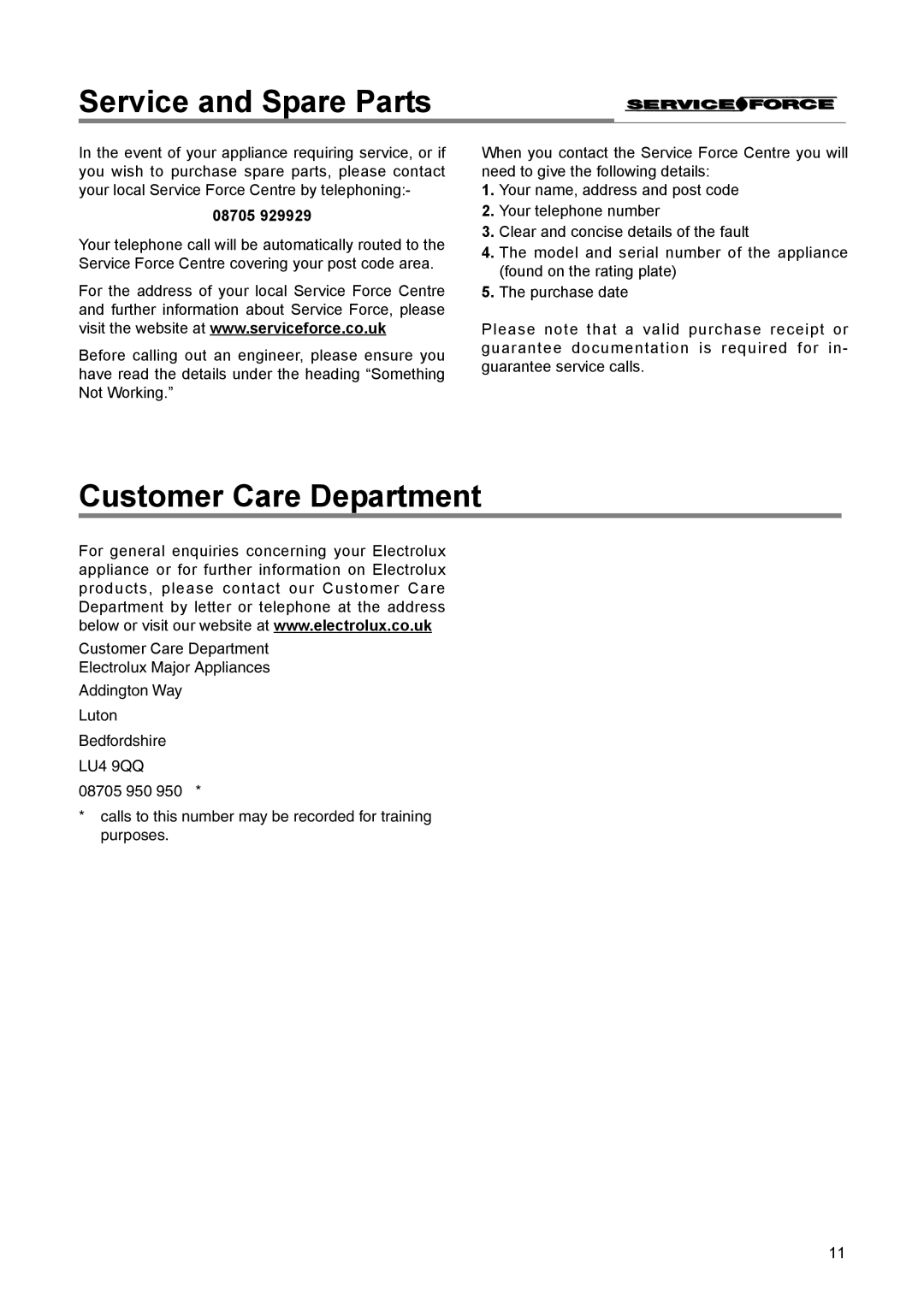 Electrolux EUN 12300 manual Service and Spare Parts, Customer Care Department, 08705 