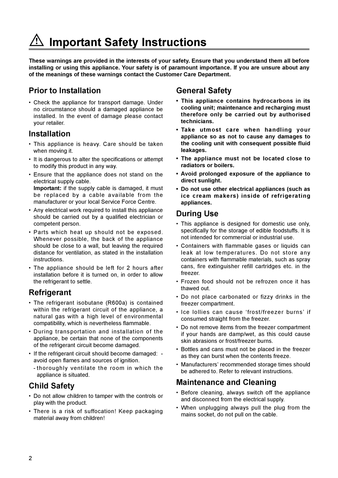 Electrolux EUN 12300 manual Important Safety Instructions, Prior to Installation, Refrigerant, Child Safety, General Safety 