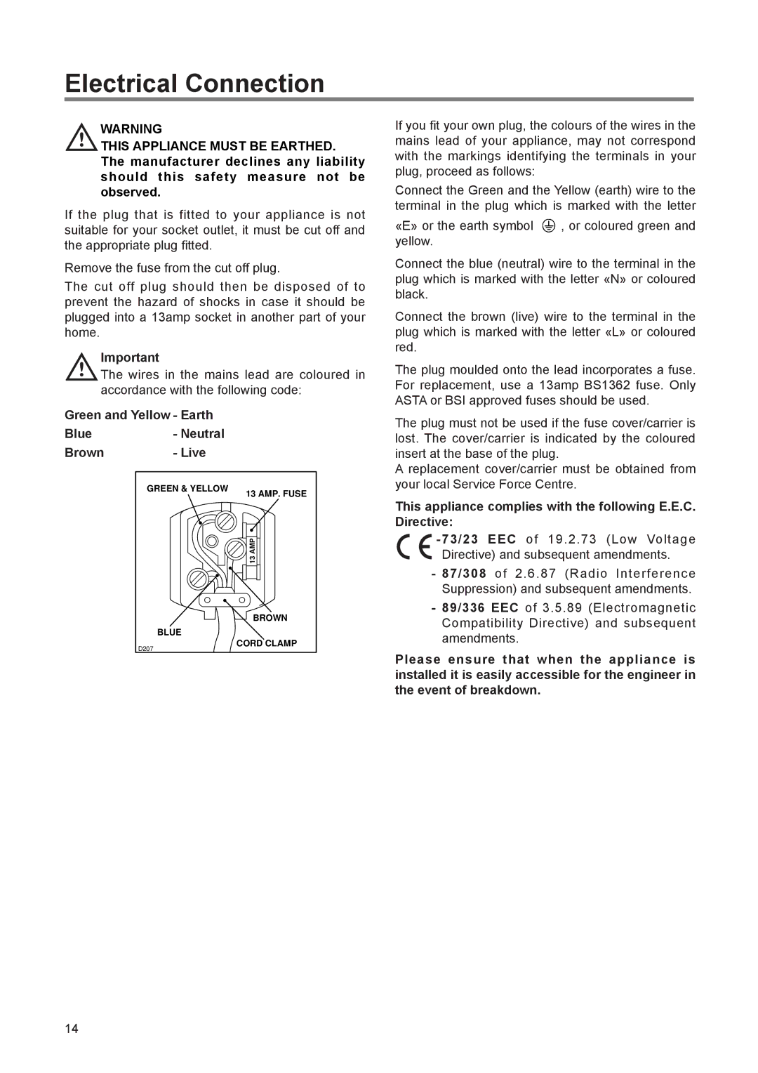 Electrolux EUN 1272 manual Electrical Connection, Green and Yellow Earth Blue- Neutral Brown Live 