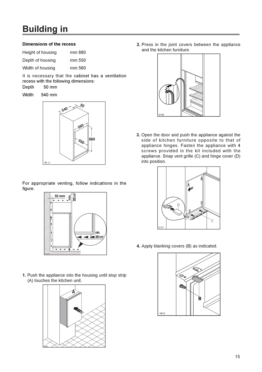 Electrolux EUN 1272 manual Building, Dimensions of the recess 