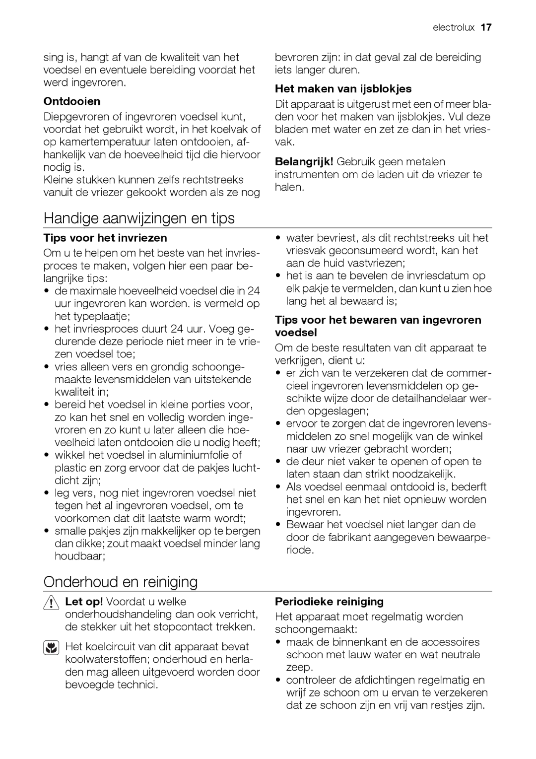 Electrolux EUN12510 user manual Handige aanwijzingen en tips, Onderhoud en reiniging 