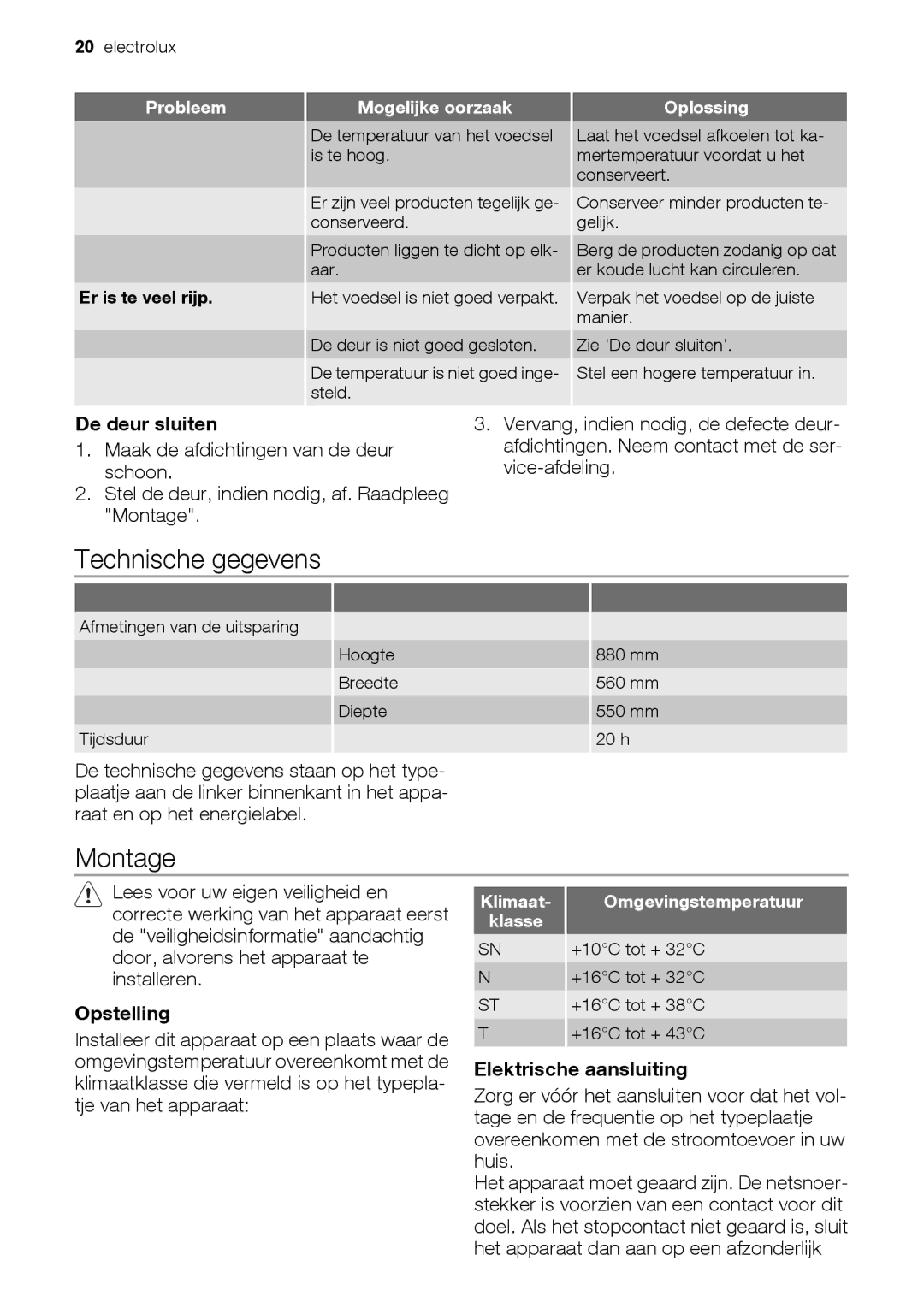 Electrolux EUN12510 user manual Technische gegevens, Montage, De deur sluiten, Opstelling, Elektrische aansluiting 