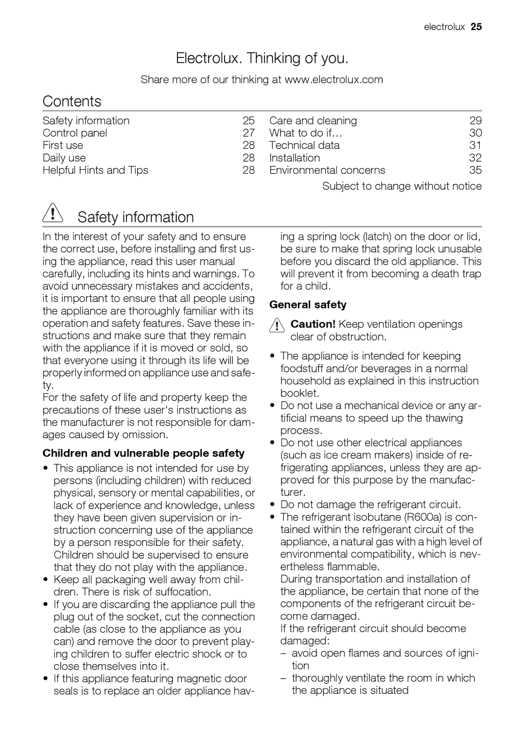 Electrolux EUN12510 user manual Electrolux. Thinking of you Contents, Safety information 