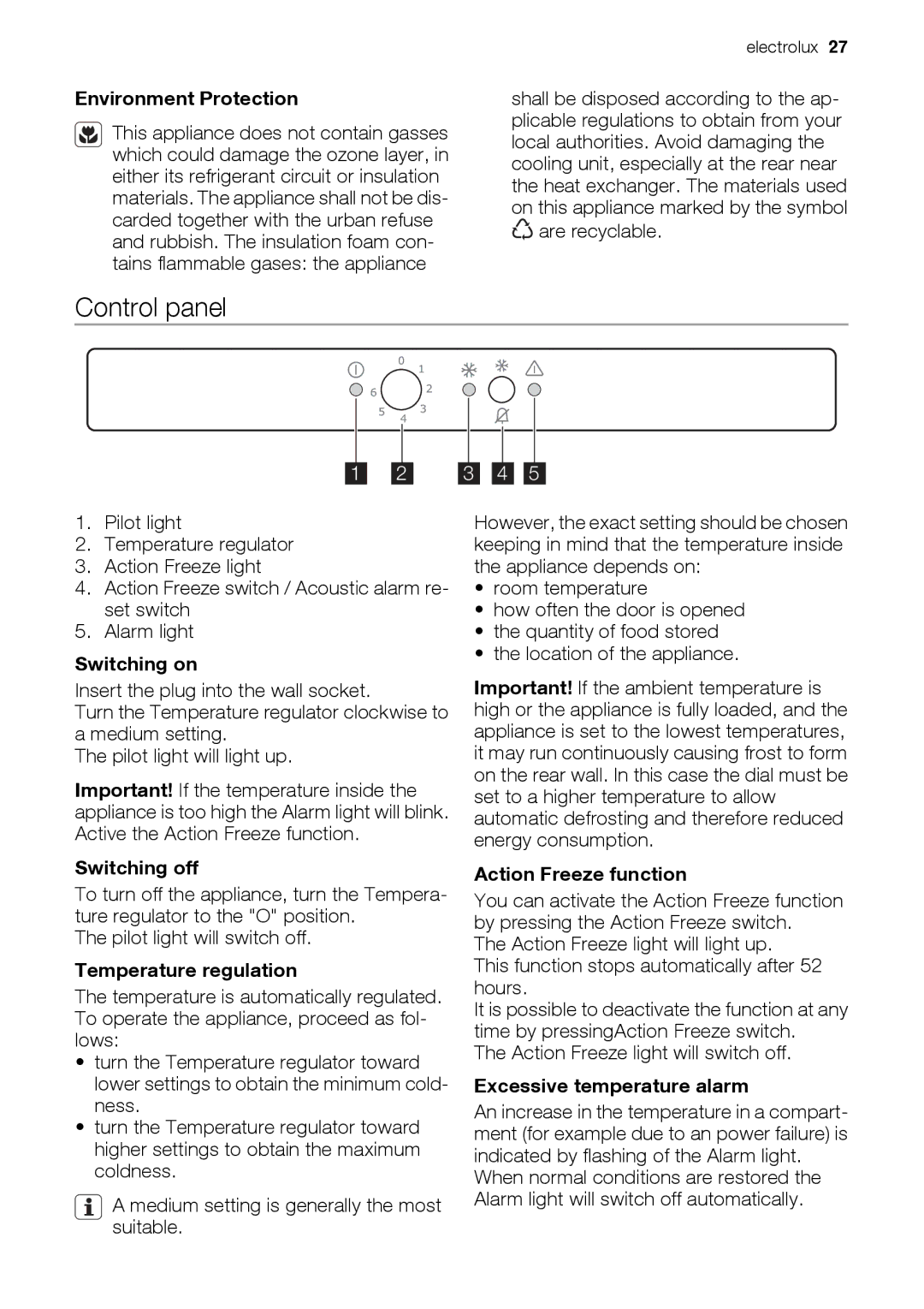 Electrolux EUN12510 user manual Control panel 