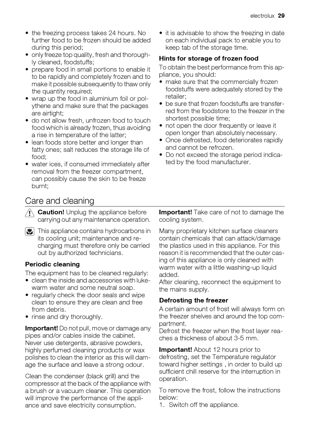 Electrolux EUN12510 Care and cleaning, Hints for storage of frozen food, Periodic cleaning, Defrosting the freezer 