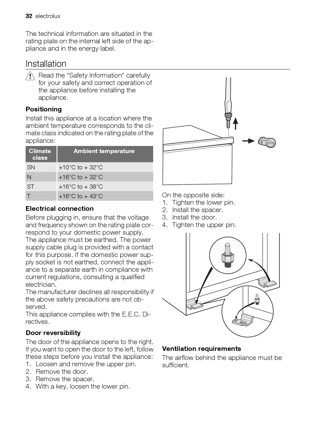 Electrolux EUN12510 Installation, Positioning, Electrical connection, Door reversibility, Ventilation requirements 