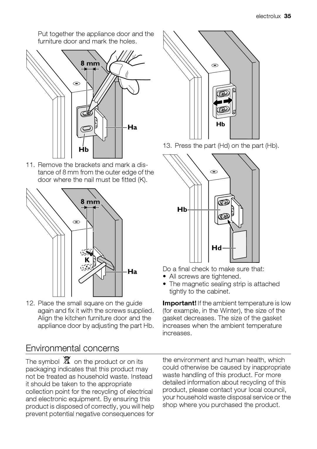 Electrolux EUN12510 user manual Environmental concerns, Press the part Hd on the part Hb 