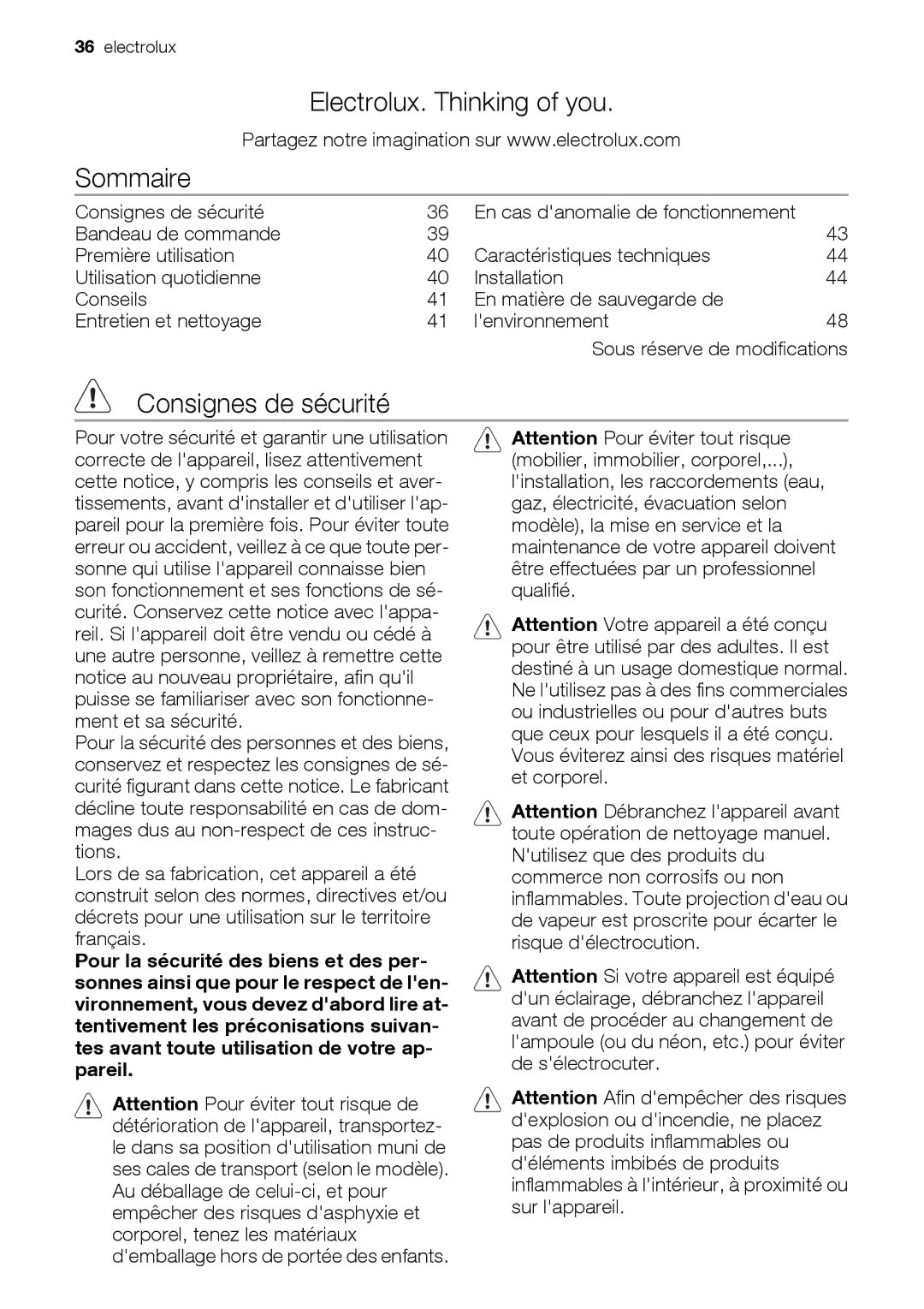 Electrolux EUN12510 user manual Electrolux. Thinking of you Sommaire, Consignes de sécurité 