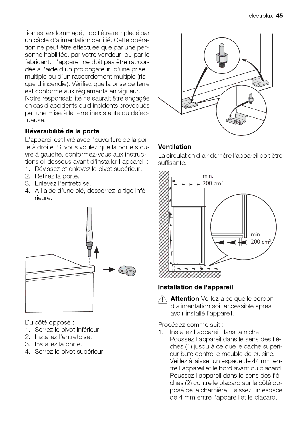 Electrolux EUN12510 Réversibilité de la porte, Ventilation, La circulation dair derrière lappareil doit être suffisante 