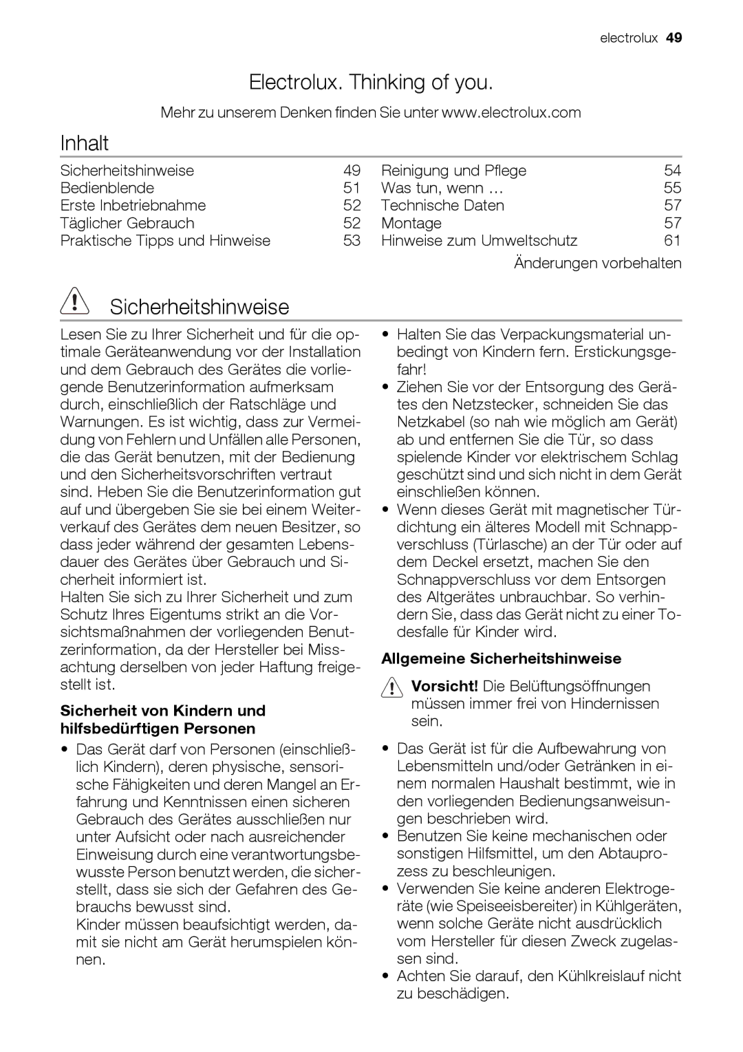 Electrolux EUN12510 user manual Electrolux. Thinking of you Inhalt, Sicherheitshinweise 